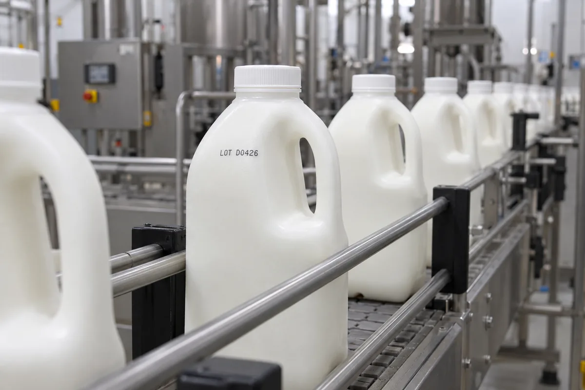 Opaque milk bottles with seated screw caps and lot codes on a dairy packaging conveyor