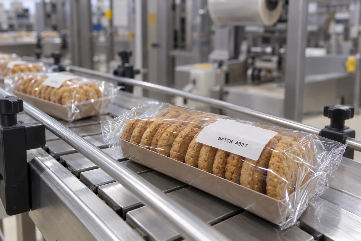 Sealed biscuit packs with batch coding on a stainless-steel packaging conveyor
