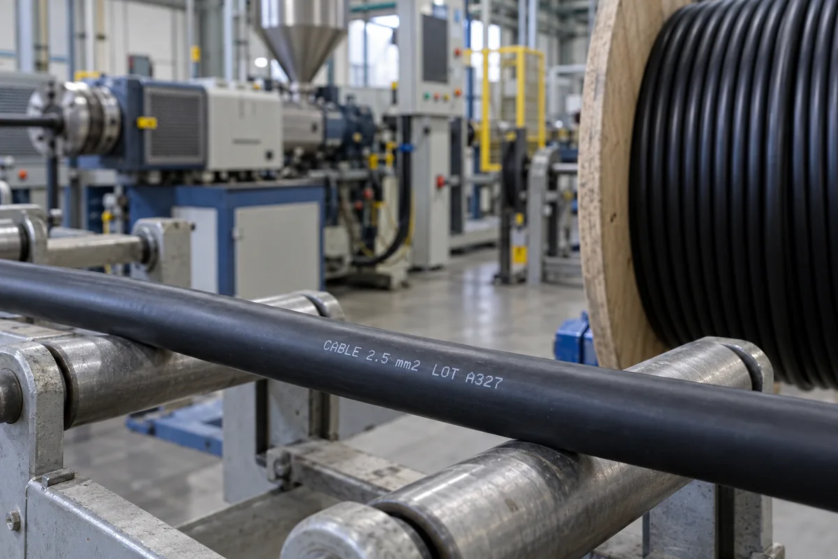Black cable with white identification marking passing through production guide rollers