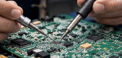 Soldering tools working on components of a green circuit board